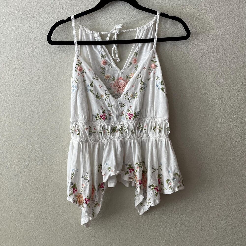 Anthropologie flowy embroidered white fairy tank cottage boho